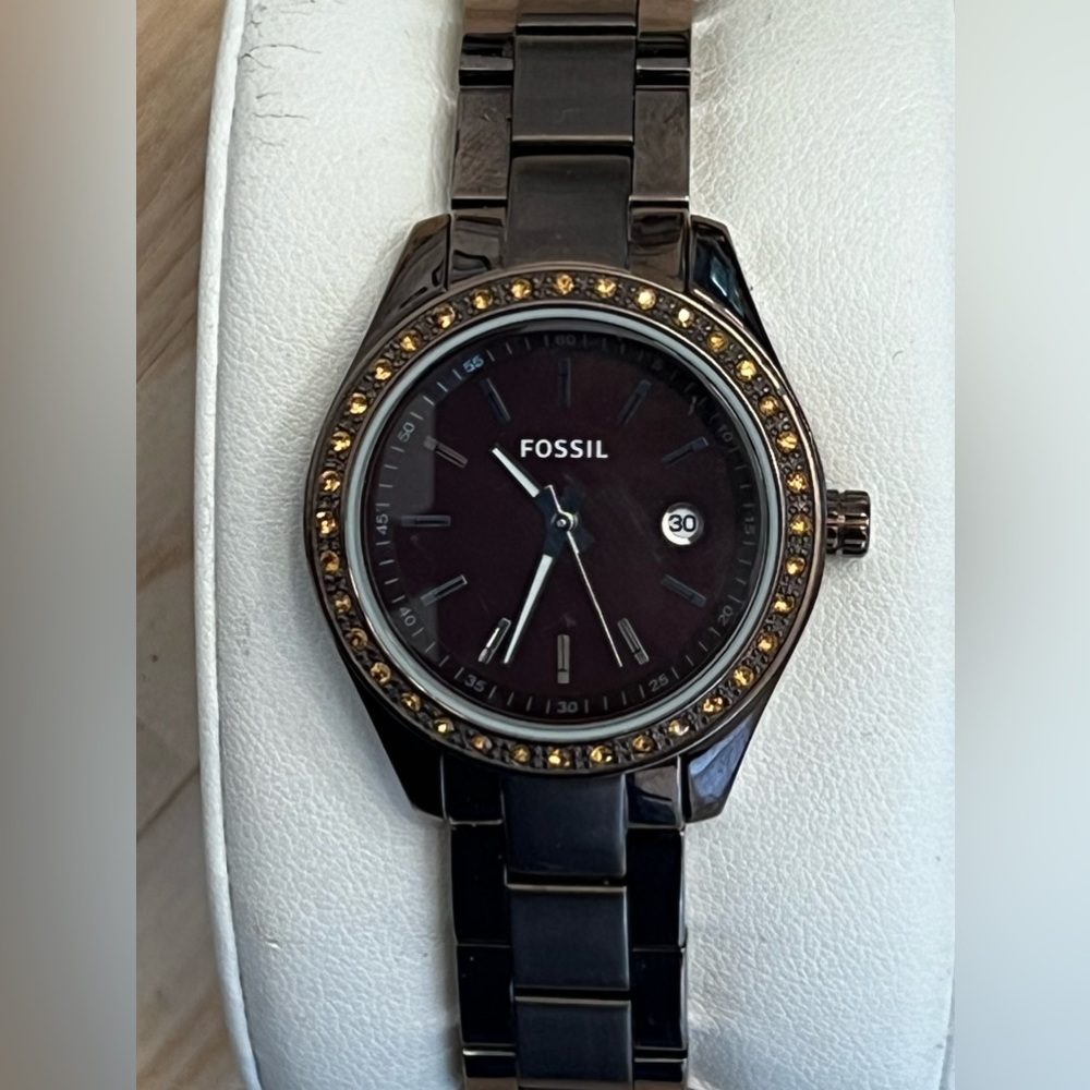 Fossil Ladies Watch Crystal Embellishments Bronze Copper Dial and Bracelet